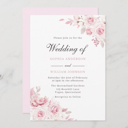 Invitation Mariage Rose Peint Pure Blush Elegant (Devant / Derrière)