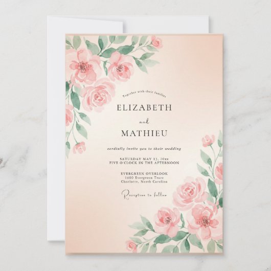 Invitation Mariage Rose Peinte de Rosé (Devant)