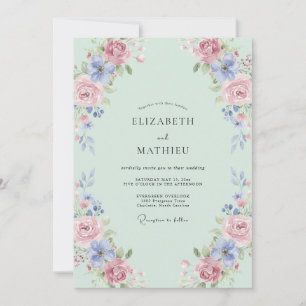 Invitation Mariage Rose Pervenche Mousse de Mer