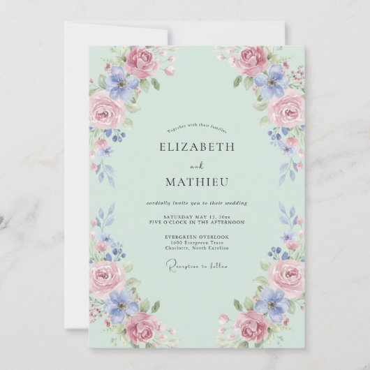 Invitation Mariage Rose Pervenche Mousse de Mer (Devant)