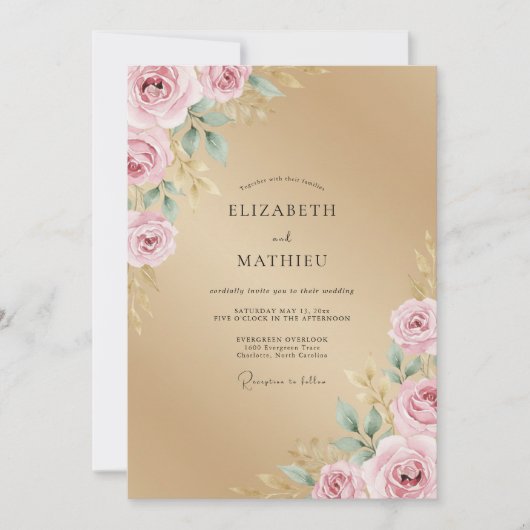 Invitation Mariage Rose Pétale Rose Champagne (Devant)