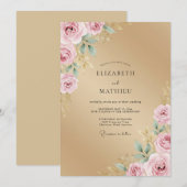 Invitation Mariage Rose Pétale Rose Champagne (Devant / Derrière)