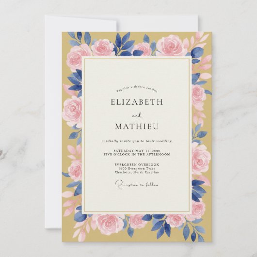 Invitation Mariage Rose Pétale Rose Moutarde (Devant)
