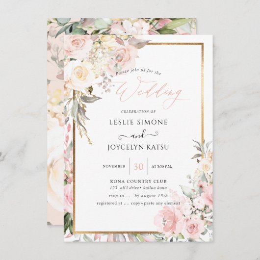 Invitation Mariage Rose PixDezines Watercolor Blush (Devant / Derrière)
