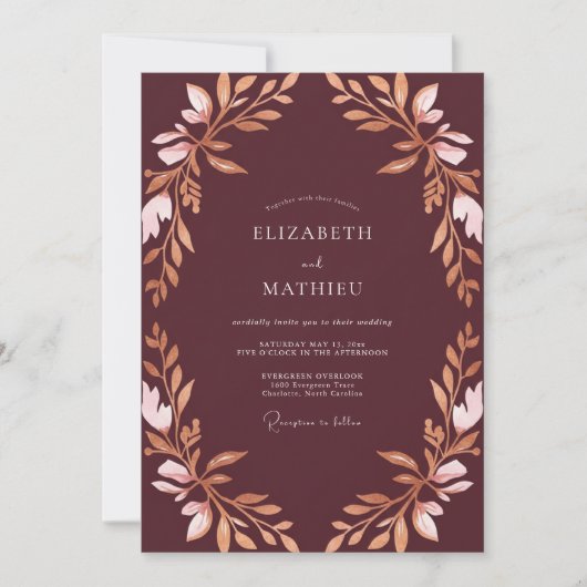 Invitation Mariage Rose Plum Copper Feuillu (Devant)