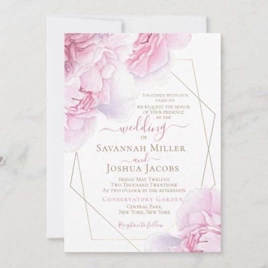 Invitation Mariage rose poony rose aquarelle rose mariage fle (Devant)