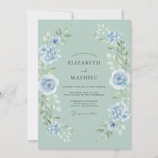Invitation Mariage Rose Poudre Bleue Céladon (Devant)