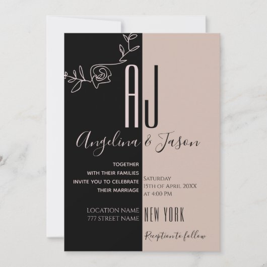Invitation Mariage Rose Poudré et Noir Monogramme (Devant)
