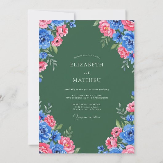 Invitation Mariage Rose Radiante Vert Chasseur (Devant)