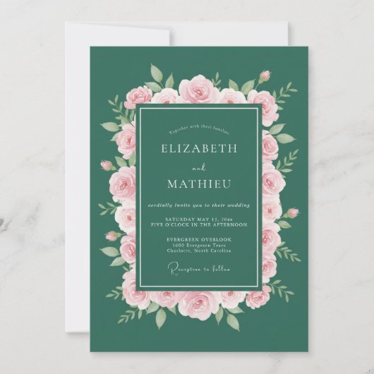 Invitation Mariage Rose Raffinée Vert Émeraude (Devant)