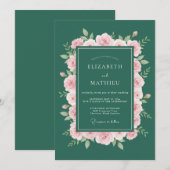 Invitation Mariage Rose Raffinée Vert Émeraude (Devant / Derrière)