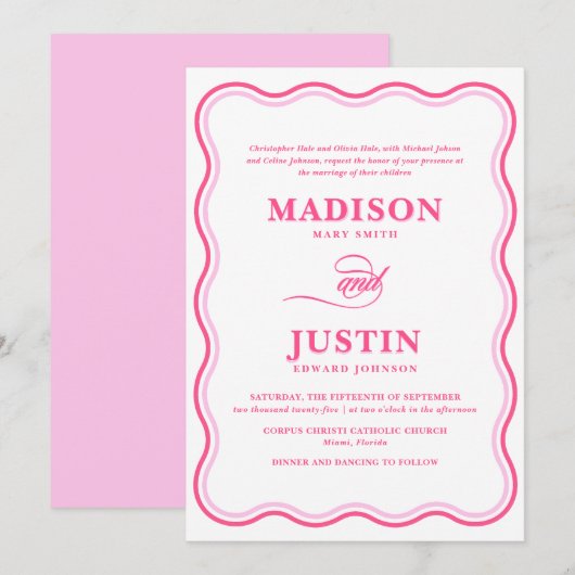 Invitation Mariage rose rétro Wavy (Devant / Derrière)