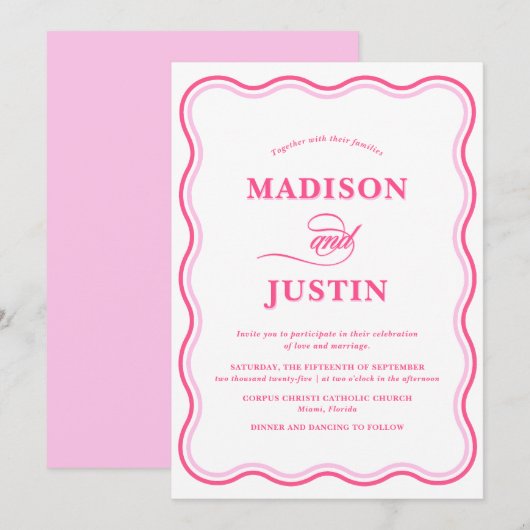 Invitation Mariage rose rétro Wavy (Devant / Derrière)