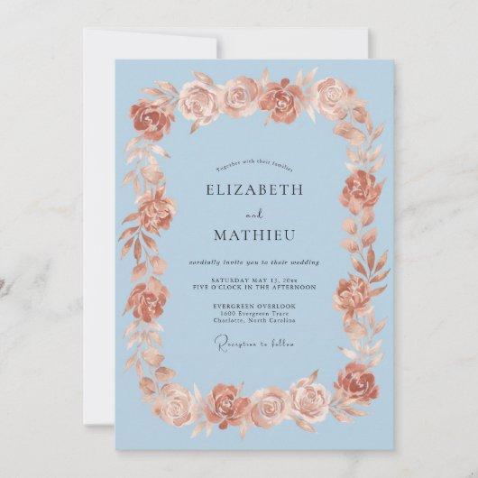 Invitation Mariage Rose Romantique Bleu Clair (Devant)