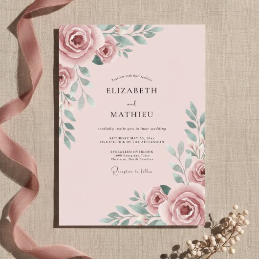 Invitation Mariage Rose Romantique Rose Pâle