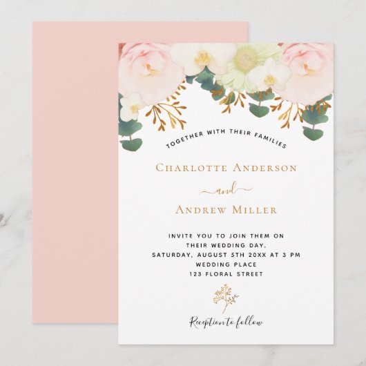 Invitation Mariage rose rose blanc floral or vert (Devant / Derrière)