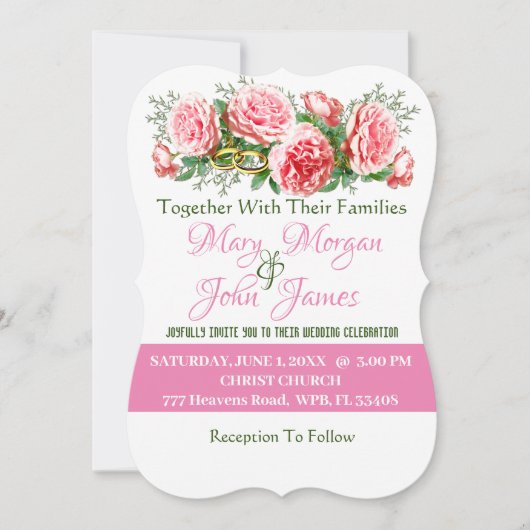 Invitation Mariage Rose Rose, Blanche & Verte (Devant)