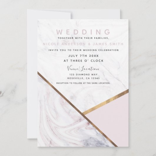 Invitation Mariage rose rose en marbre doré (Devant)