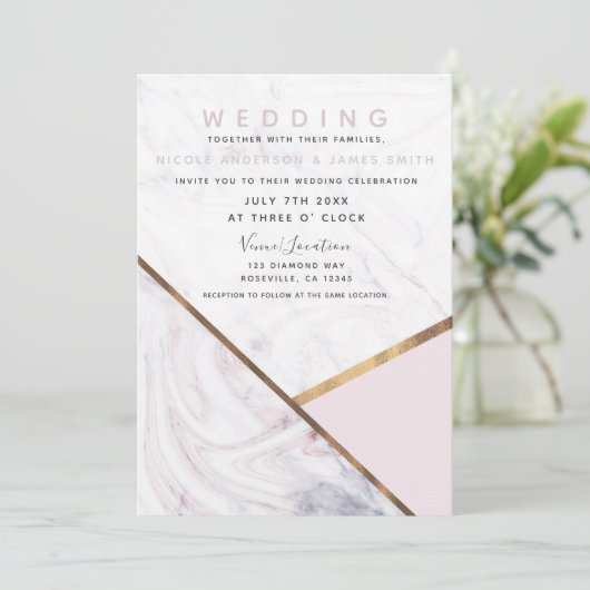 Invitation Mariage rose rose en marbre doré (Debout devant)