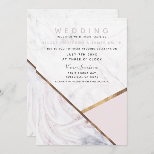 Invitation Mariage rose rose en marbre doré (Devant / Derrière)