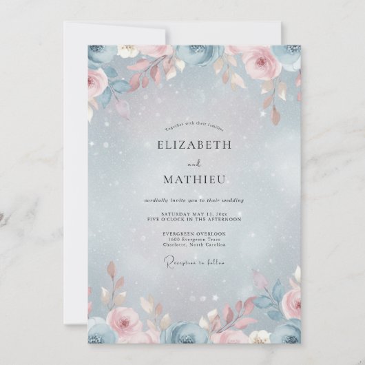 Invitation Mariage Rose Rose Pâle Pervenche (Devant)