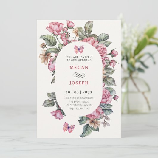 Invitation Mariage rose rose rustique (Debout devant)