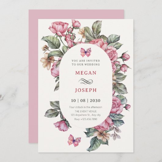 Invitation Mariage rose rose rustique (Devant / Derrière)