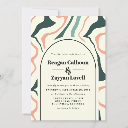 Invitation Mariage rose rose vert à la pointe d'arc rétro (Devant)