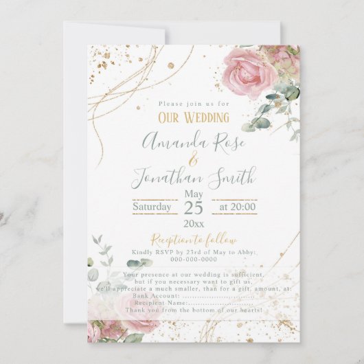 Invitation Mariage rose roses sade vert et or parties scintil (Devant)
