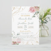Invitation Mariage rose roses sade vert et or parties scintil (Debout devant)