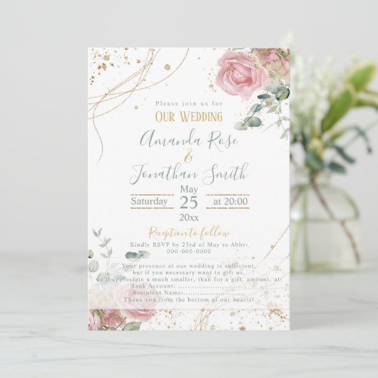 Invitation Mariage rose roses sade vert et or parties scintil (Debout devant)
