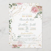 Invitation Mariage rose roses sade vert et or parties scintil (Devant / Derrière)