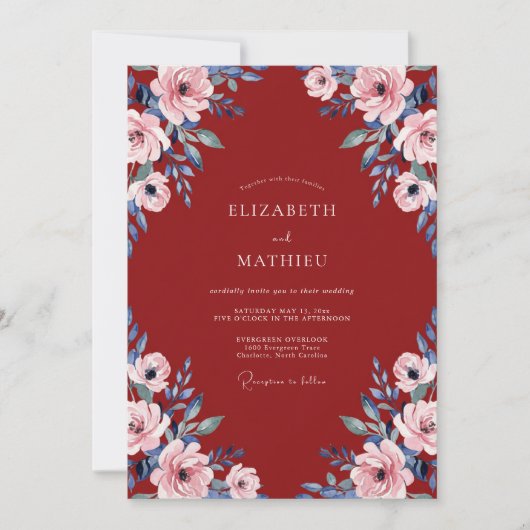 Invitation Mariage Rose Rouge Ardoise (Devant)