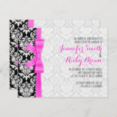 Invitation Mariage rose Ruban noir et blanc Damas (Devant / Derrière)