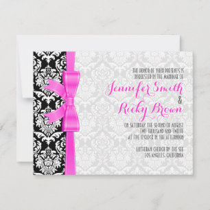 Invitation Mariage rose Ruban noir et blanc Damas