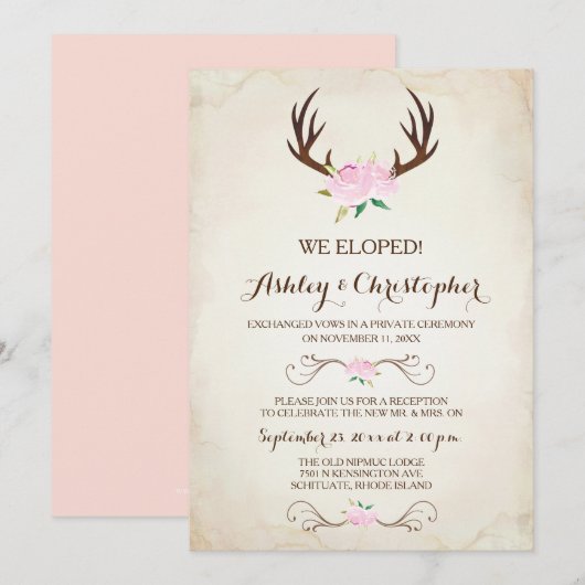 Invitation Mariage Rose Rustique Bois de Cerf (Devant / Derrière)