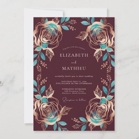 Invitation Mariage Rose sarcelle Bourgogne (Devant)