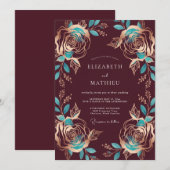 Invitation Mariage Rose sarcelle Bourgogne (Devant / Derrière)