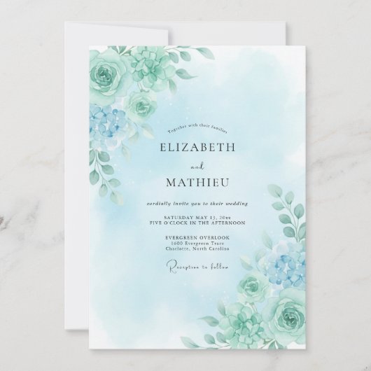 Invitation Mariage Rose Sérène Vert Mousse de Mer (Devant)