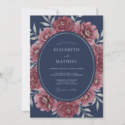 Invitation Mariage Rose Splendide Bleu Marine (Devant)