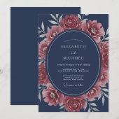 Invitation Mariage Rose Splendide Bleu Marine (Devant / Derrière)