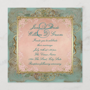 Invitation Mariage rose Turquoise bleu et Gold Vintage