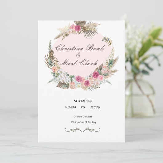 Invitation mariage rose, vert floral (Debout devant)