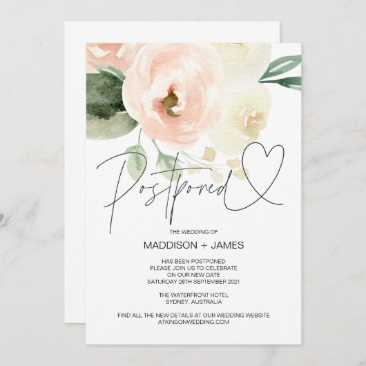 Invitation Mariage rose vierge reporté Modifier la date (Devant / Derrière)