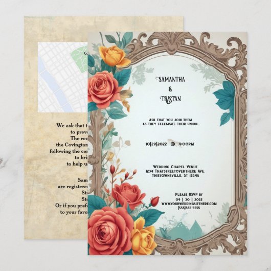 Invitation Mariage Rose vintage (Devant / Derrière)