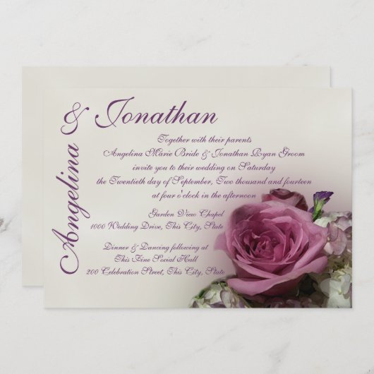 Invitation Mariage Rose vintage (Devant / Derrière)