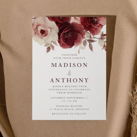 Invitation Mariage Rose Vintage Burgundy Elegance