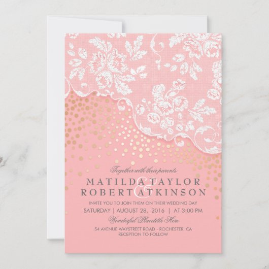 Invitation Mariage rose vintage Lace Gold Confetti (Devant)