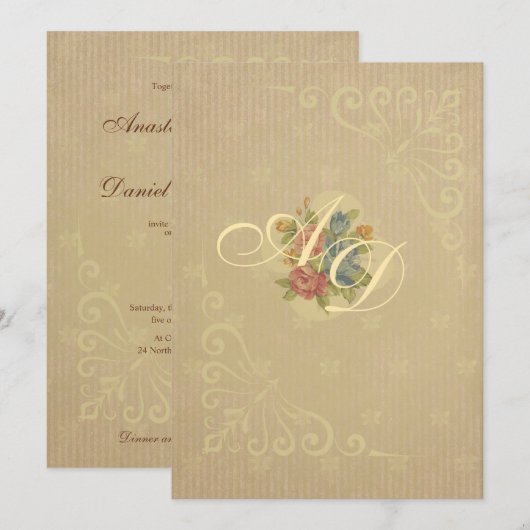 Invitation Mariage rose vintage pastel rose pastel (Devant / Derrière)