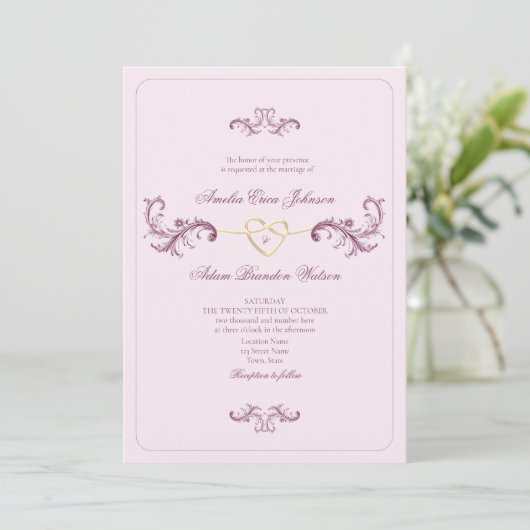 Invitation Mariage rose Vintage Rococo (Debout devant)